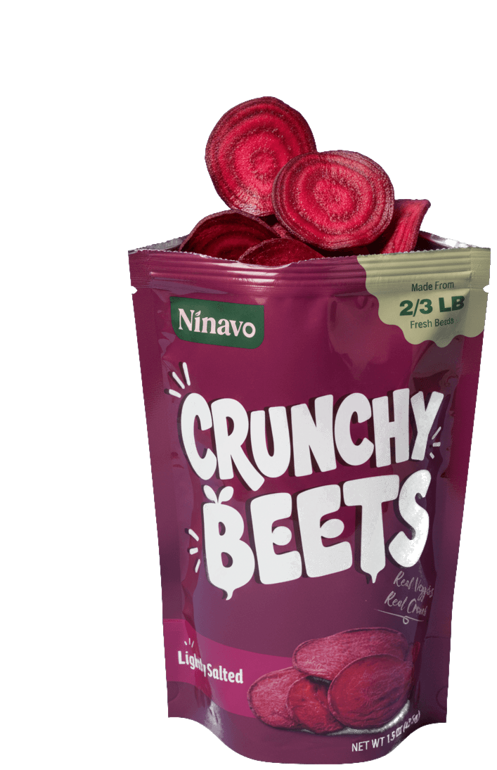 Ninavo Crunchy Beets bag with beet chips spilling out