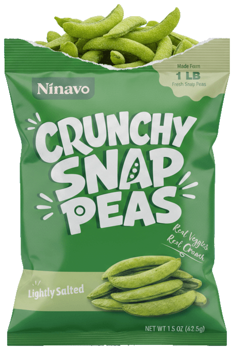 Ninavo Crunchy Snap Peas bag with snap peas spilling out