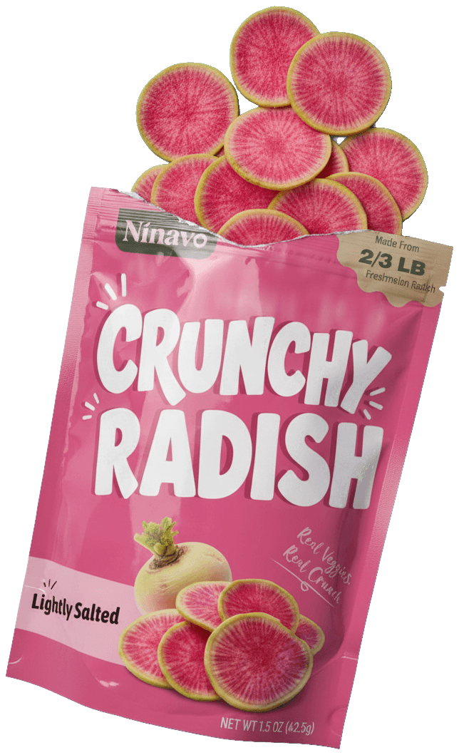 Ninavo Crunchy Radish bag with radish chips spilling out