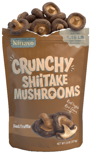 Ninavo Crunchy Shiitake Mushrooms bag with mushrooms spilling out