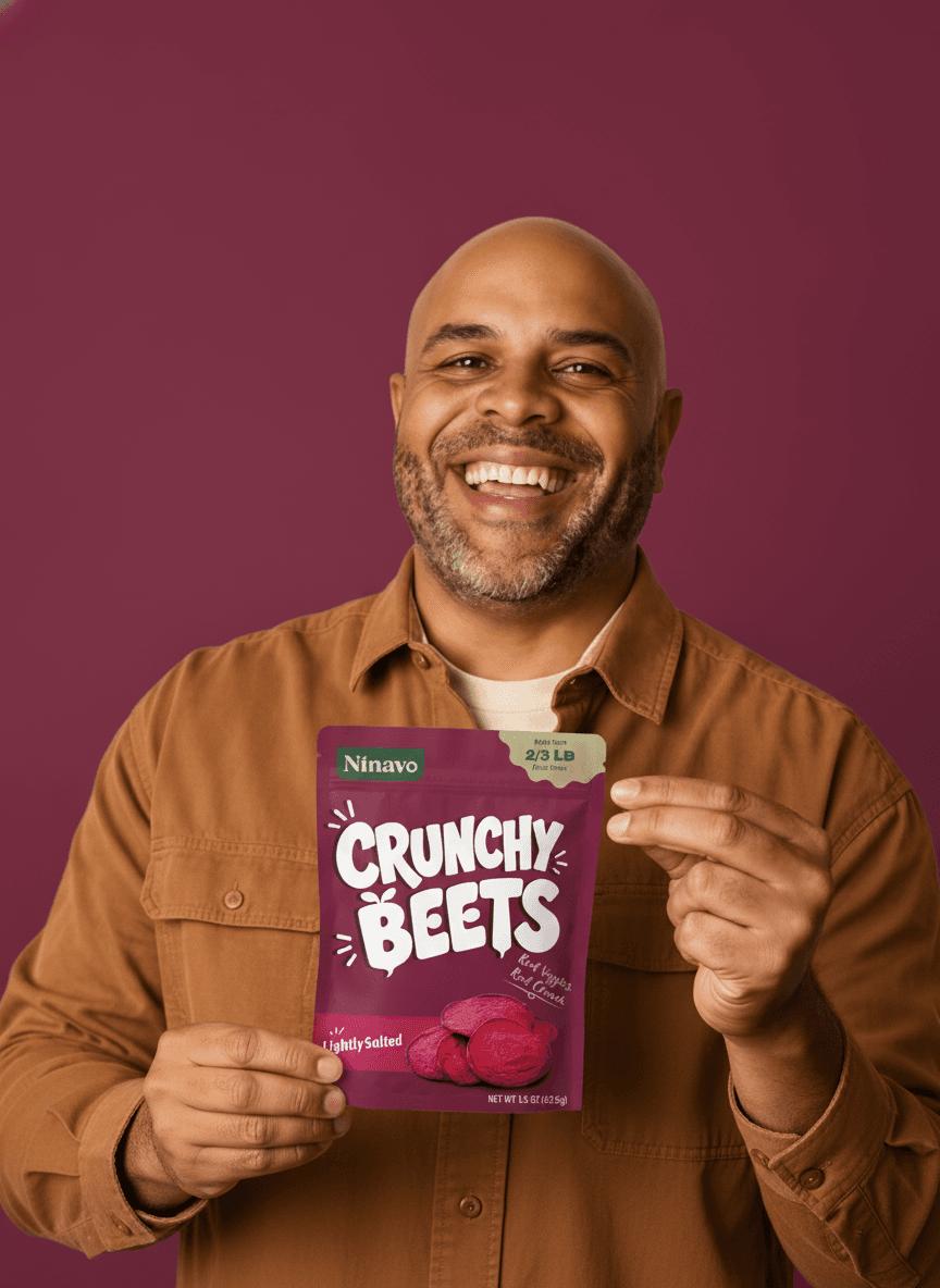 A smiling customer holding a pouch of Ninavo Crunchy Beets