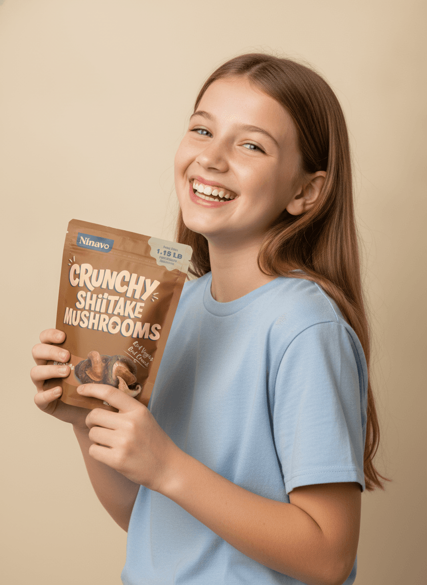 A young customer holding a pouch of Ninavo Crunchy Shiitake Mushrooms