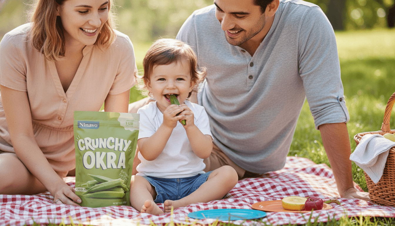 A family enjoying a picnic with Ninavo Crunchy Okra veggie chips