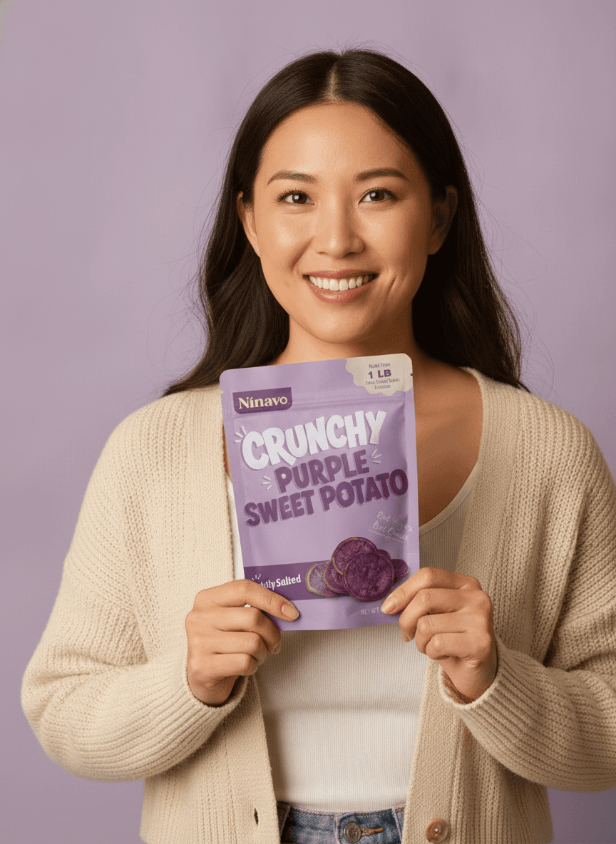 A smiling customer holding a pouch of Ninavo Crunchy Purple Sweet Potato