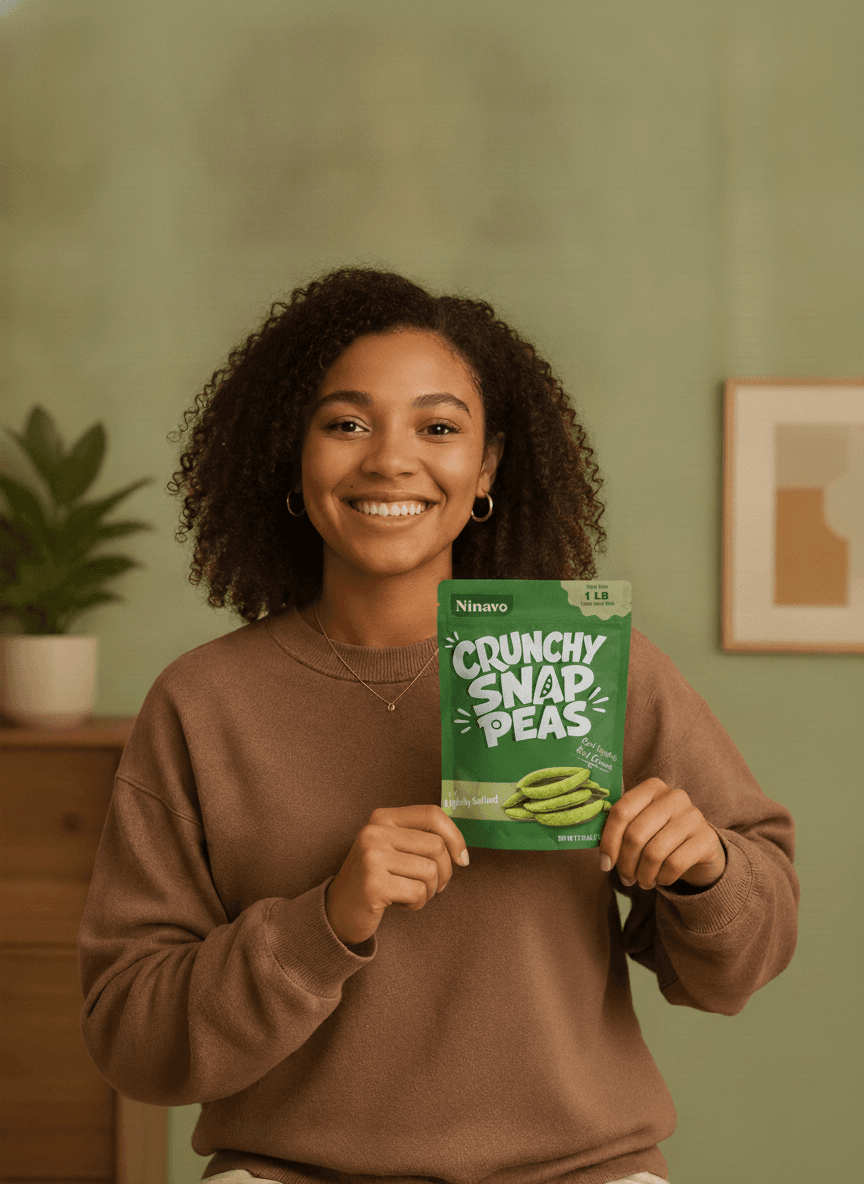A happy customer holding a pouch of Ninavo Crunchy Snap Peas